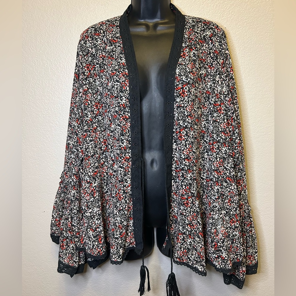 Free People Boho Floral Bell Sleeve Lola Sheer Kimono Open Front Cardigan Sz S